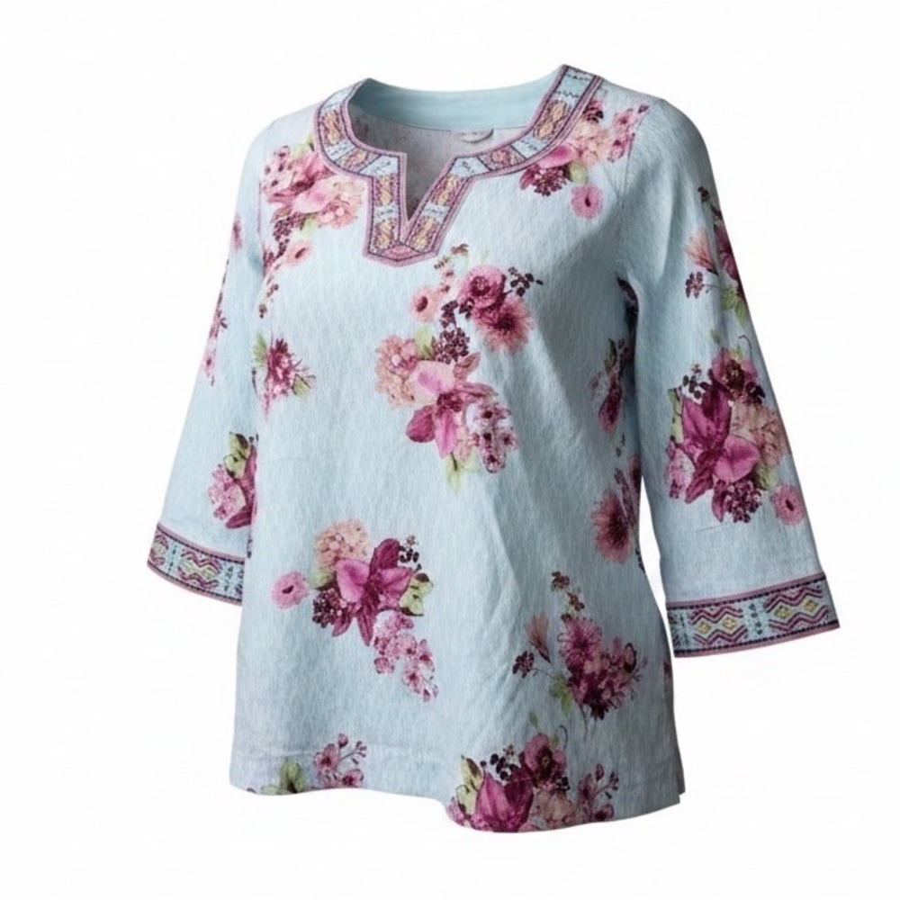 John Mark Womens Size 1X Blue Floral Beaded  V-Neck Linen Blend Tunic‎ NWT